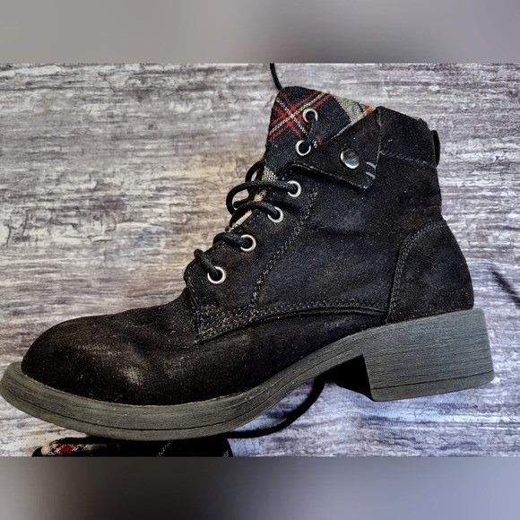 Rock & Candy Black Ankle Boots Plaid Lined Lace Up Chunky Heel Grunge - Picture 6 of 11
